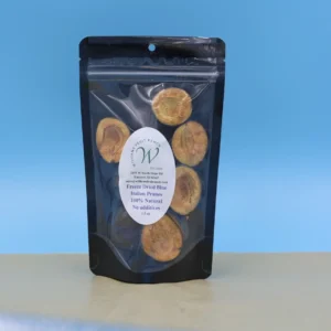 Freeze-dried prunes in black packaging